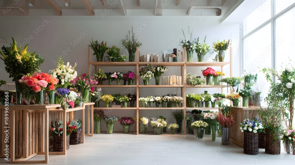 Fototapeta premium Rustic Florist Workshop Interior with Colorful Flowers and Wooden Tables