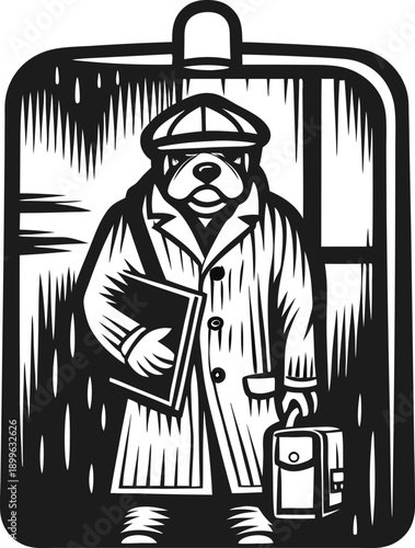 Bear detective character in trench coat and flat cap holding notebook and briefcase, noir illustration