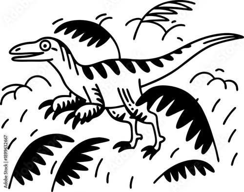running dinosaur with feathers in prehistoric jungle environment with foliage and plants