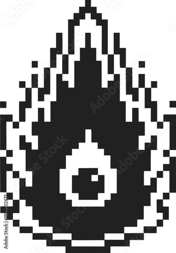 Pixel art black flame icon with sharp edges and dynamic flickering design in minimalist