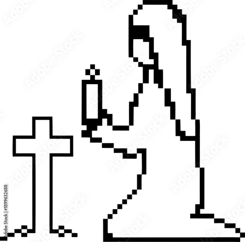 Pixel art nun kneeling in prayer holding candle beside cross on ground