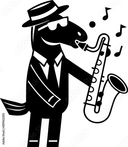 stylized horse playing saxophone in classic suit and hat with musical notes, jazz and blues concept