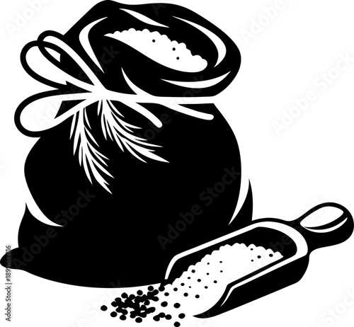 burlap sack filled with salt grains and wooden scoop, seasoning ingredient with rustic decoration