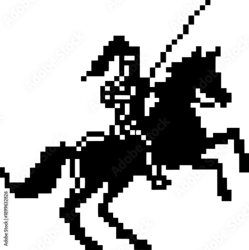 Pixel art knight on horseback with lance in medieval battle pose