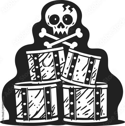 Pirate treasure chest with skull and crossbones old wooden barrels stacked with rugged texture pirate theme, vintage adventure, and hidden loot concept