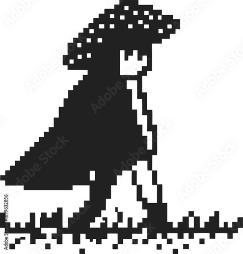 Pixel art wizard walking with a large hat and cloak in a grassy area, retro 8 bit fantasy character design