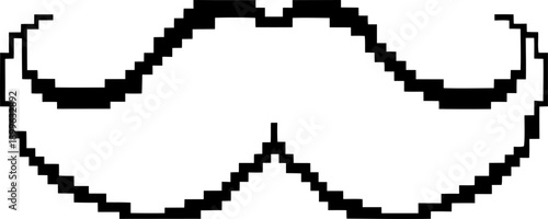 Pixelated mustache in black and white vintage style, retro 8 bit facial hair silhouette, digital art icon for design