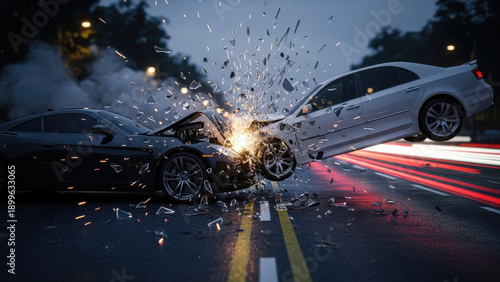 Dramatic night-time car collision on city street.