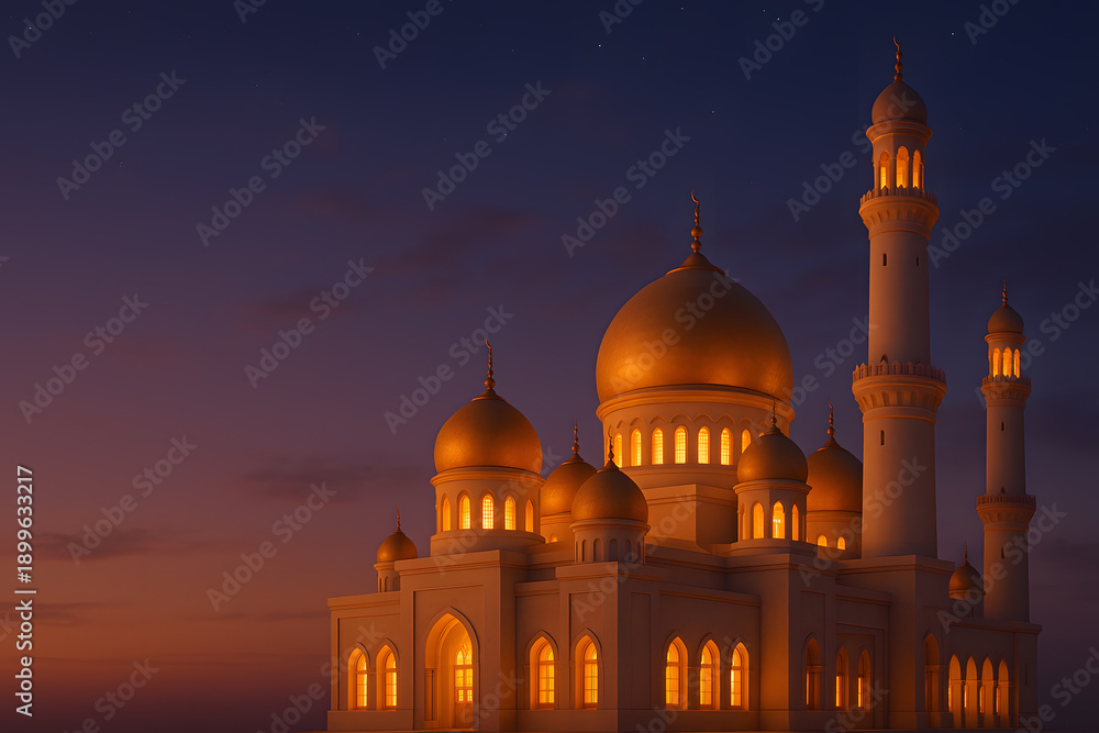 Obraz premium A stunning mosque with golden domes and minarets illuminated at dusk against a vibrant purple sky