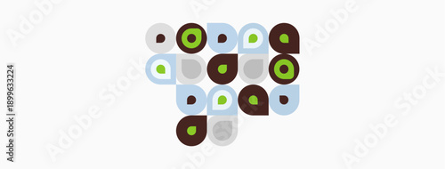 Abstract pattern features overlapping circles, varying shades brown, green, blue, gray. Minimalist design on light background.