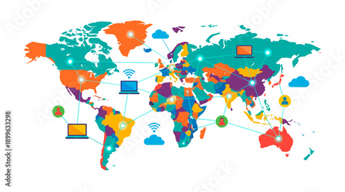 The world map is colorfully illustrated with interconnected devices representing global networks and communication