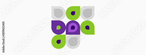 Abstract geometric pattern. Purple, green, gray shapes form playful composition. Simple design, modern aesthetic. Clean lines, balanced layout.