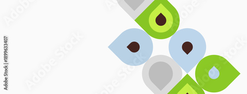 Abstract design features repeating droplet shapes. Green, gray, maroon colors present on white background. Minimalist, clean aesthetic.