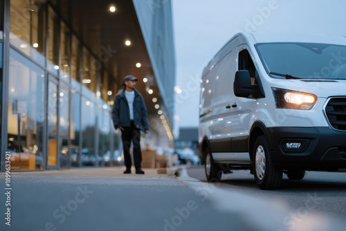 Wallpaper Mural A modern delivery van is parked near a sleek, glass-fronted building at dusk, capturing a moment of urban life and professional service in action. Torontodigital.ca