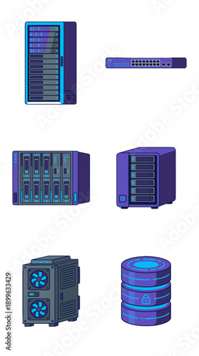 A collection of server room devices and storage equipment with network data