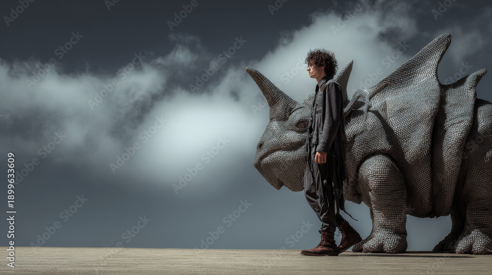 Naklejka premium Fantasy creature young man friendship cloudy sky walking surreal dragon triceratops adventure calm mood cinematic scene with young man walking beside large fantasy creature dramatic cloudy sky