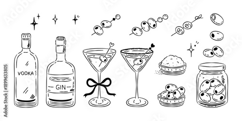 Hand-drawn dirty martini cocktail set featuring gin and vodka bottles, olives, and garnishes in a minimalist line art style for bar menu.