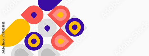 Abstract colorful shapes overlap, creating dynamic visual composition. Circles, squares, rounded rectangles present playful design.