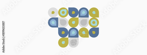 Abstract geometric pattern. Circles overlap, creating playful composition. Colors include blue, green, yellow, gray. Minimalist design.