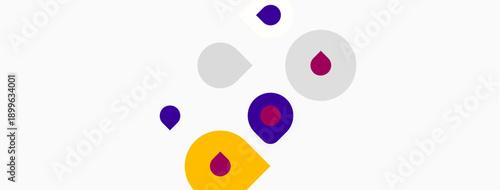 Abstract shapes, circles, dots. Purple, yellow, gray colors dominate composition. Minimalist design, clean aesthetic. Simple geometry.