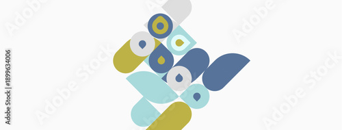 Abstract geometric shapes overlap, creating playful composition. Colors include blue, yellow, gray, teal. Minimalist design, clean aesthetic.