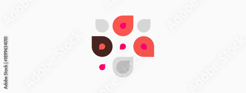 Abstract design features varied circles, shades of gray, pink hues. Minimalist composition, simple shapes, clean aesthetic.