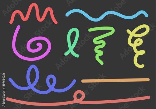 Varias formas de líneas curvas y garabatos de colores neón sobre un fondo oscuro