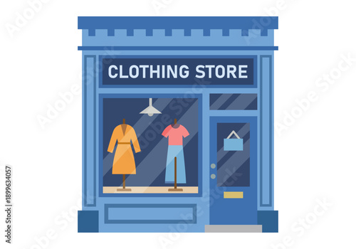 Fachada de una tienda de ropa de color azul con escaparate y maniquíes