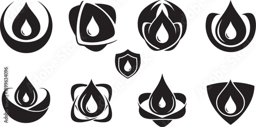 Black and white water drop logos and shield icon set