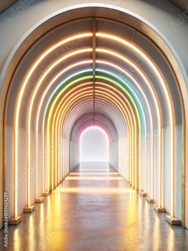 Iridescent glow emanates from a futuristic archway tunnel, casting an otherworldly ambiance amidst a palette of pink and teal hues