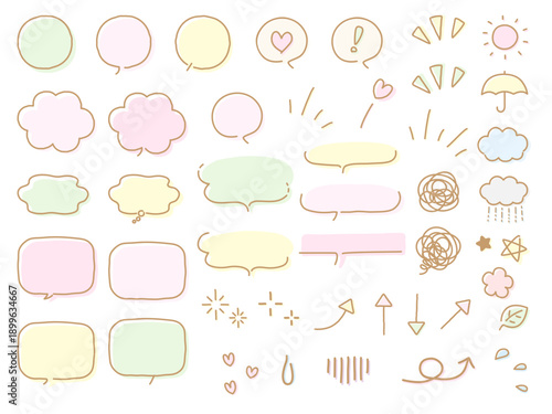 手描きの吹き出しのセット、春イメージのパステルカラー