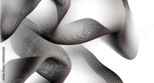 Ethereal lattice: the fluidity of woven mesh, abstract black halftone wave flow on white background.