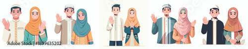 vector of a muslim couple waving their hand in ramadan