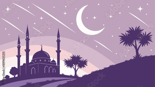 Silhouette of mosque with palm trees under starry night sky