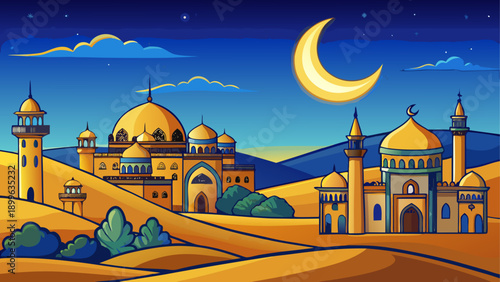 Vibrant nighttime cityscape with mosques and crescent moon