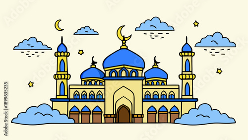 Whimsical mosque illustration with blue sky and clouds