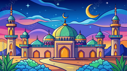 Vibrant cartoon mosque landscape with blue sky and moon