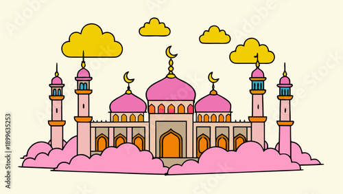 Vibrant cartoon mosque with pink dome and minarets
