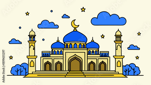 Vibrant cartoon mosque with blue domed architecture and moon