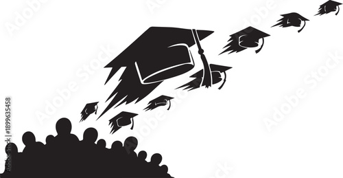 Graduation caps flying through the air in silhouette style