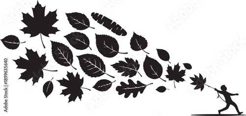 Silhouette of a person running with falling leaves behind