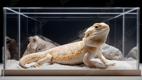 Bearded Dragon Lizard Standing on White Sand in Modern Terrarium