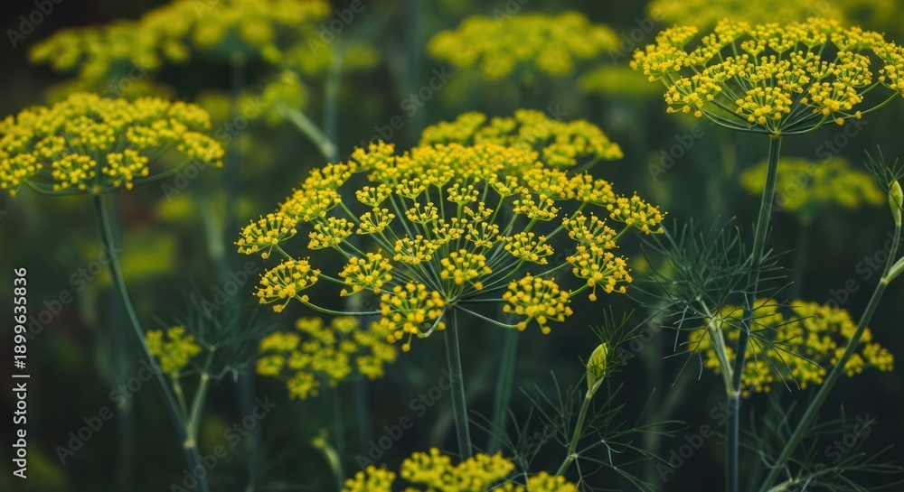 Obraz premium Close-up of vibrant yellow dill flowers blooming amidst feathery green foliage