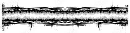 Abstract panoramic sound wave illustration with glitch effects and dripping ink borders