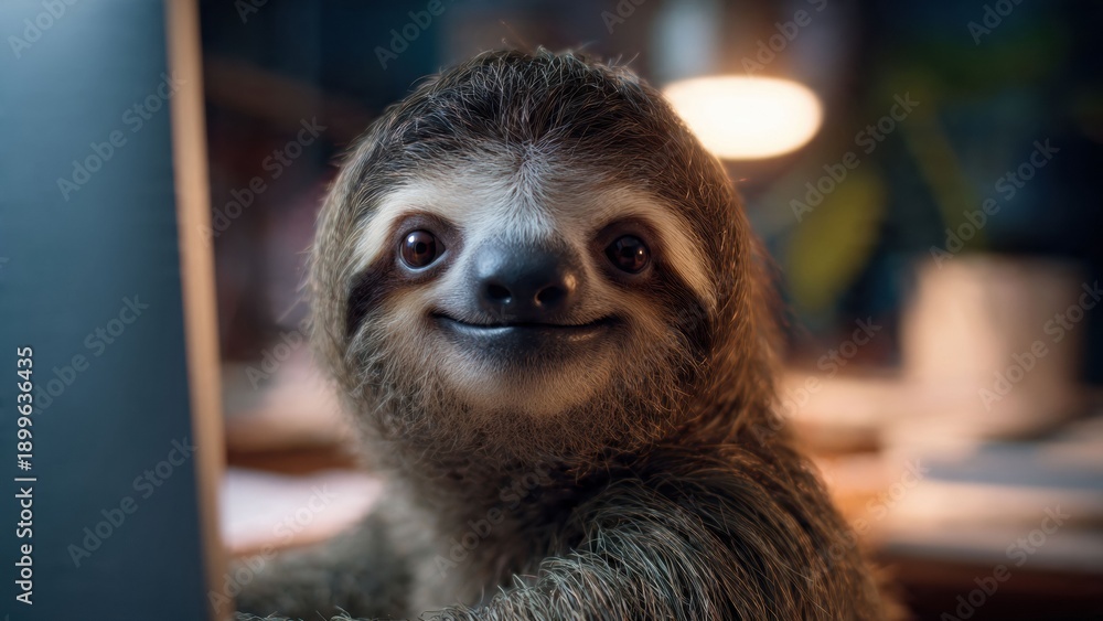 Obraz premium Cute smiling sloth using laptop indoors – productivity and humor concept