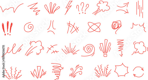  set of red crayon doodles and symbols. These hand-drawn elements are often used to represent various emotions or actions in illustrations and graphic design. 