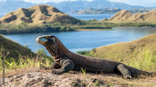 Komodo dragon on hill overlooking a lake