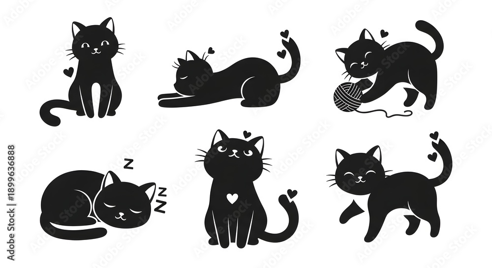 Naklejka premium Set of six black cat silhouettes in various poses on an isolated white background.