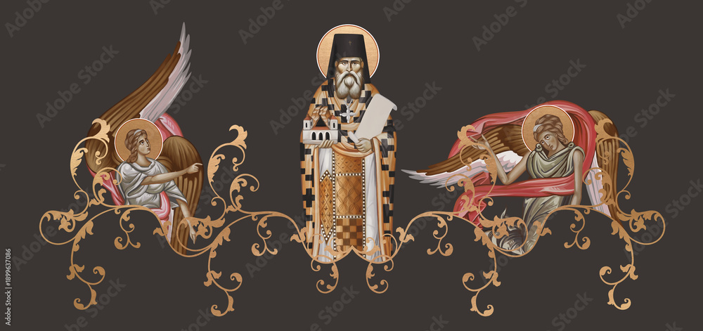 Fototapeta premium Saint Simeon Popovic (Dajbabe). Decorative vintage border with angels, illustration in Byzantine style