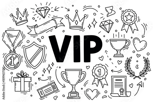 Vip concept with crowns, trophies, and medals in black and white line art
